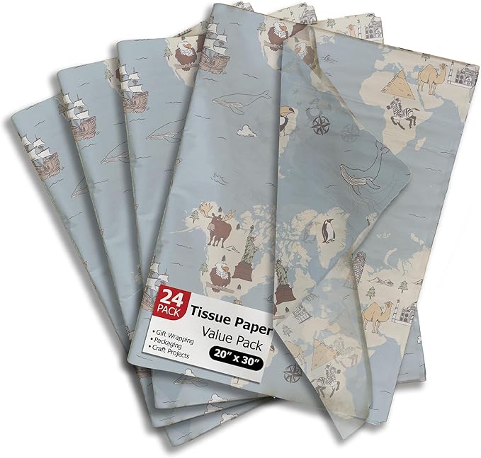 Pro Supply Global Kid's Map Printed Tissue Paper for Gift Bags or Boxes and Wrapping - Baby Shower Bulk Decorative Art Tissue Paper for Packaging and Gifting | 24 Sheets 20" x 30"