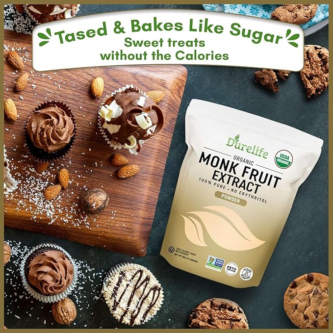 Durelife Organic 100% Pure Monk Fruit sweetener, No Erythritol, Monkfruit Extract Powder, USDA organic, NON-GMO Project Verified, Keto Certified, OU kosher, No Fillers Zero Calorie Sugar Substitute 15 OZ