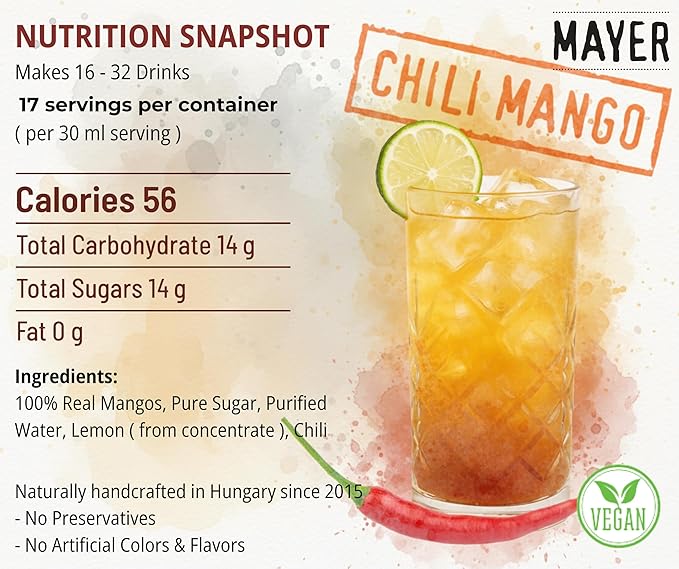 Mayer Premium Chili Mango Syrup – Award-Winning Organic Fruit Syrup, Over 50% Real Fruits, All Natural, Vegan, Gluten-Free – Ideal for Cocktails, Coffee, Desserts, Cocktails (16.9 oz)