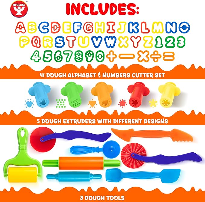 54 Pcs Dough Tools Set – Dough Cutters + Dough Extruders + Numbers & Alphabet Cutters Set – Educational Modeling Clay Tools – Preschool Toys & Toddler Activities – Arts & Crafts for Kids Ages 3-5