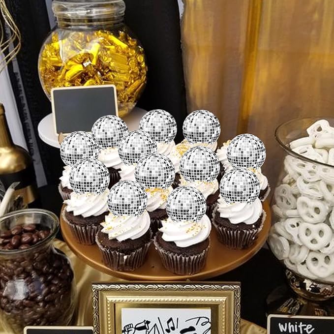 40Pcs Edible Sparkling Disco Ball Cowboy Hat Cupcake Topper Western Disco Ball Paper Cupcake Topper Selection Birthday Disco 2000s Theme Party