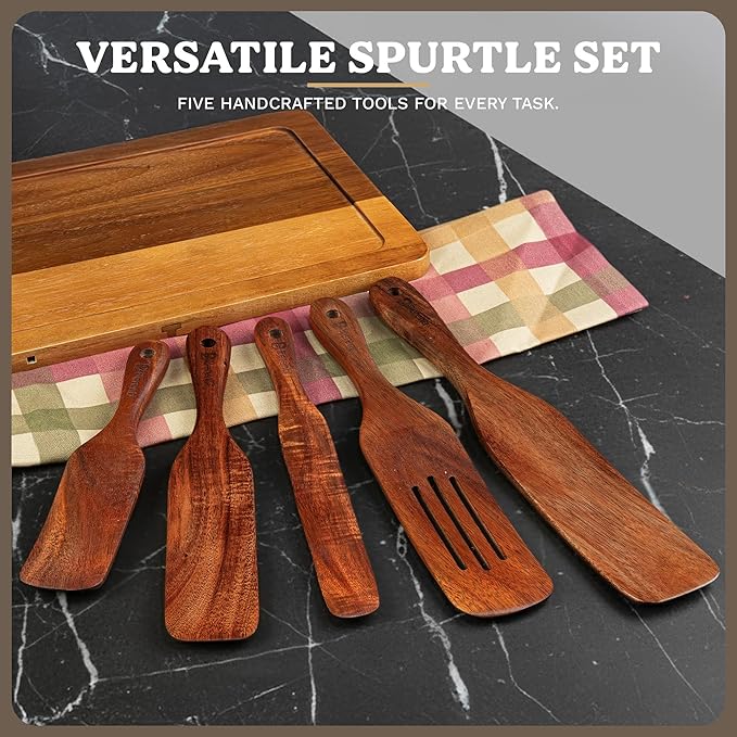 Wooden Spurtle Set - 5 PCS of Different Spurtles As Seen on TV - Wooden Kitchen Tools for Cooking in Nonstick Cookware, for Salad Mixing, Serving, Spreading, Stirring & Folding