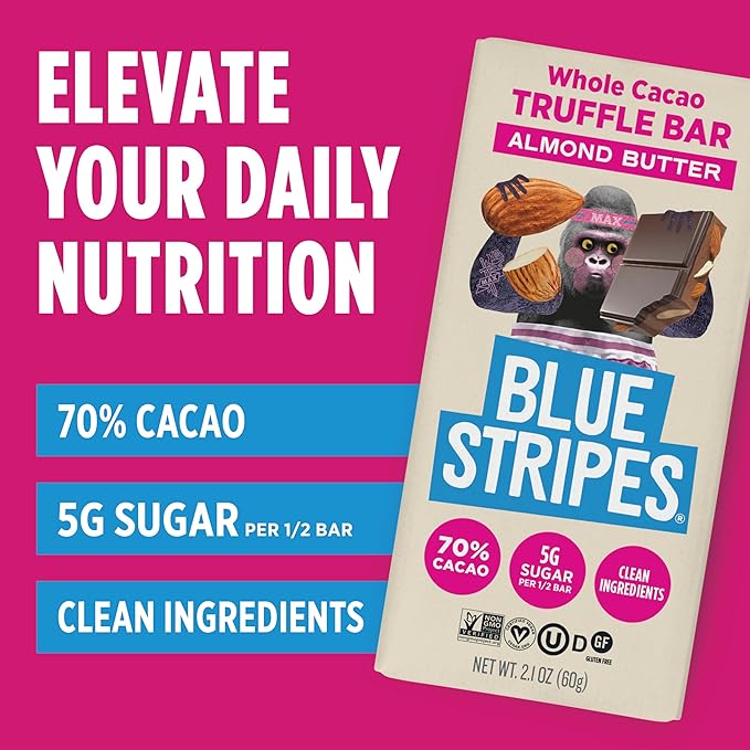 Blue Stripes - Almond Butter Whole Cacao Truffle Chocolate Bars, 70% Cacao, Almond Butter, Healthy Chocolate, Vegan, No Refined Sugar, Non GMO, Gluten Free, 2.1 OZ