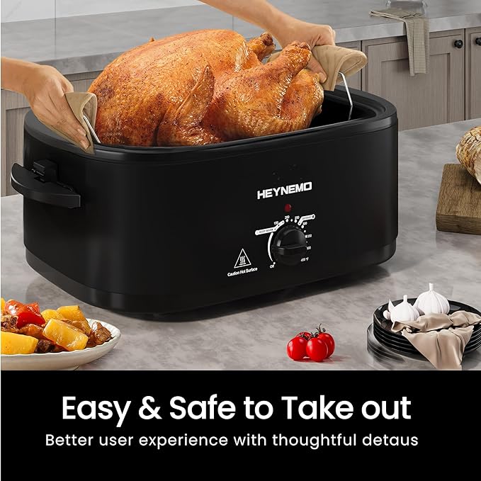 HEYNEMO Roaster Oven 24Qt, 1450W Electric Turkey Roaster Oven Buffet with Self-Basting Lid, Cool-Touch Handles, Removable Pan and Rack, Stainless Steel, Black