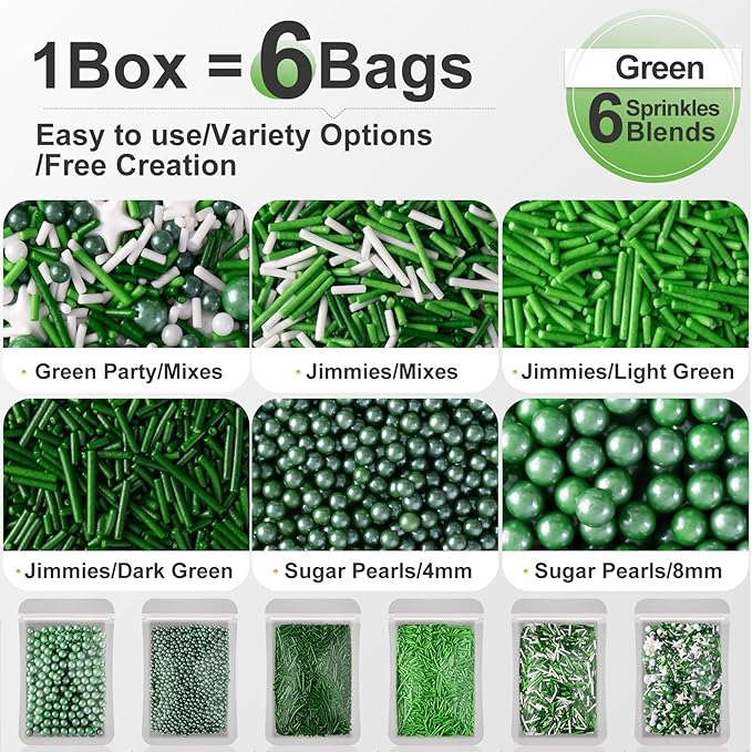 HUEBEATY 6-in-1 Green Sprinkles for Cakes, Cupcakes & Cookies Decorating – 180g Edible Jimmies & Pearls Mix – Football Sprinkles, Eagles, Minecraft, Jungle, Dinosaur, St. Patrick’s Day & Spring Cake Decorations