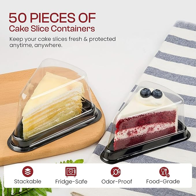 DoubleWave 50-Pack Clear Cake Slice Containers | BPA-Free, Stackable Dessert Holders for Parties, Weddings, and Special Events – Shatter-Resistant Plastic | Keeps Cake Fresh at Parties