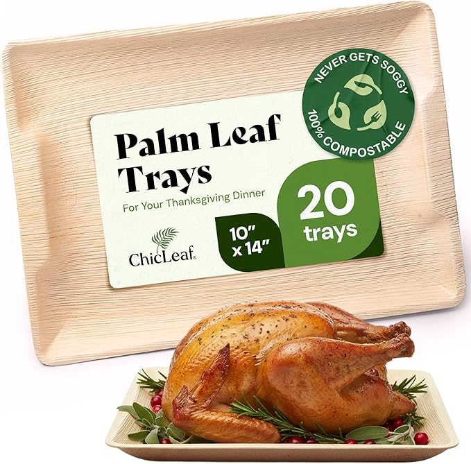 Chic Leaf Oval Palm Leaf Tray - 10" x 14", Pack of 20, Natural - Microwave & Oven Safe for BBQ Trays & Cheese Platter Thanksgiving Dinner Meal