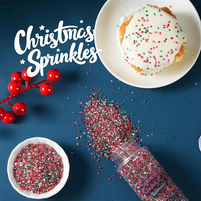 Sujoygar Christmas Sanding Sugar Sprinkles, 5oz Edible Sugar Crystals for Cocktails, Red Green and White Cake Sprinkles for Chocolate Ice Cream Toppings Cupcake Decoration Christmas Party Cookies Baking Dessert Food Supplies
