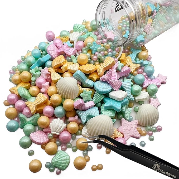 SE Si&Moos Edible Mermaid and Shell Sprinkles Mermaid Cupcake Toppers Mermaid Cake Decorations Beach Cake Decoration Shower Party Birthday Holiday Supplies 3.5 OZ with Tweezers