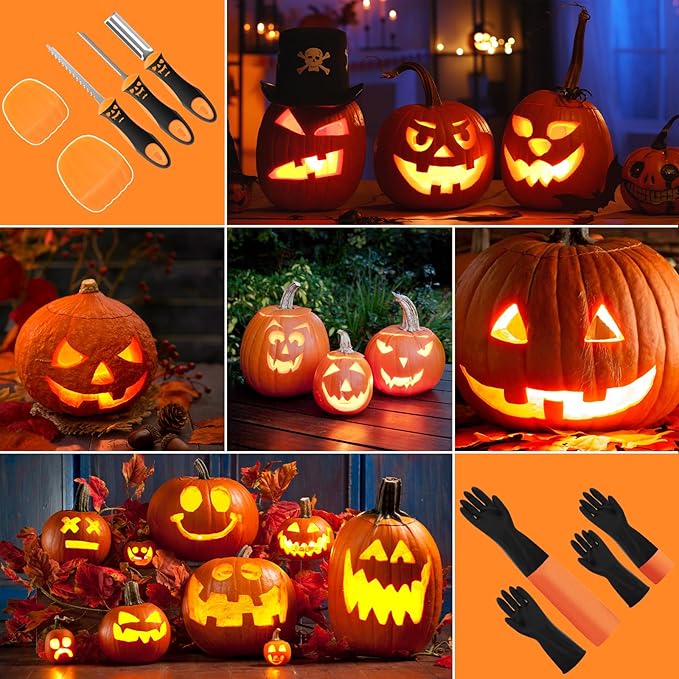 Pumpkin Scraper Glove - Complete Halloween Pumpkin Carving Kit,2 Pairs of Gloves & 2 Scrapers(One for Adults,One for Kids),3 Pumpkin Carving Tools,Easily Clean & Carve Your Halloween Pumpkins.