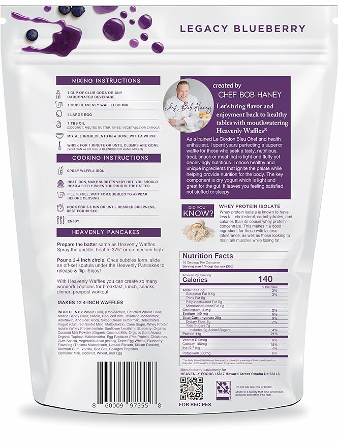 Heavenly Waffles® Mix, Legacy Blueberry, 11g Protein, Yogurt Based, Healthy and Nutritiously Balanced, Superior Tasting Waffles and Pancakes, 13.5 oz Pouch