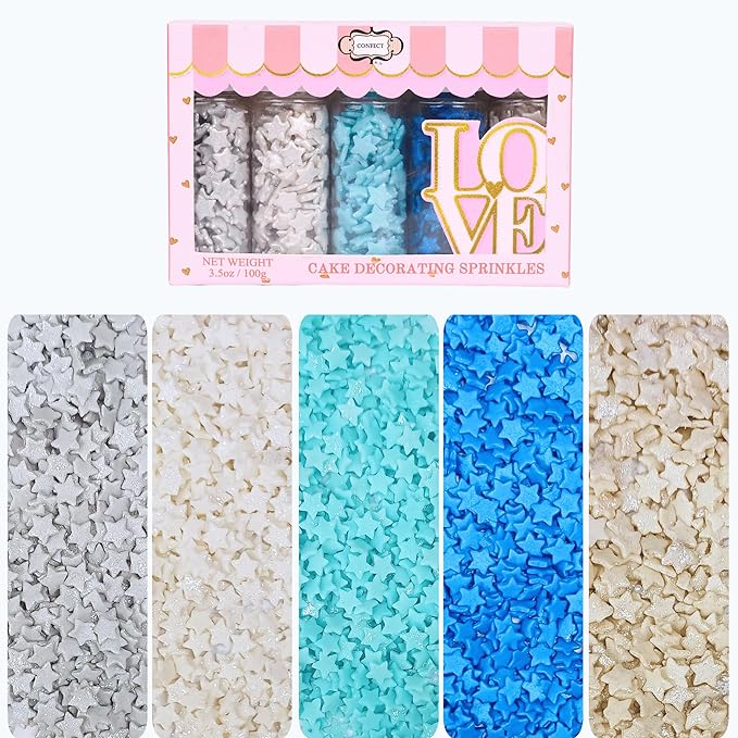 Confect Christmas Sprinkles | Frozen Sprinkles for Baking & Cake Decorative | Christmas jimmies sprinkles |stars Sprinkles Pack of 5 sprinkles -Blue, White, Gold and silver color sprinkles| Dessert Decorating - Frozen Sprinkles Toppings -5 Oz