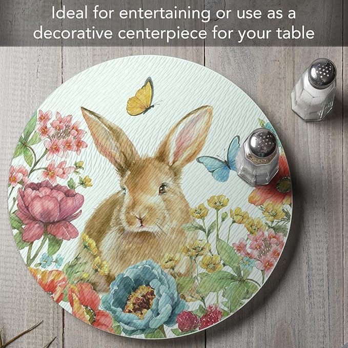 CounterArt Garden Bunny 4mm Tempered Glass Lazy Susan Turntable 13" Diameter Condiment Caddy Cake Plate Pizza Server