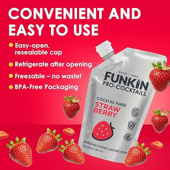 Funkin Fruit Puree | Real Fruit, Simple Ingredient, Natural Mixer for Cocktails, Drinks, Smoothies | Vegan, Non-GMO, Gluten-Free (2.2 lbs) (Strawberry)