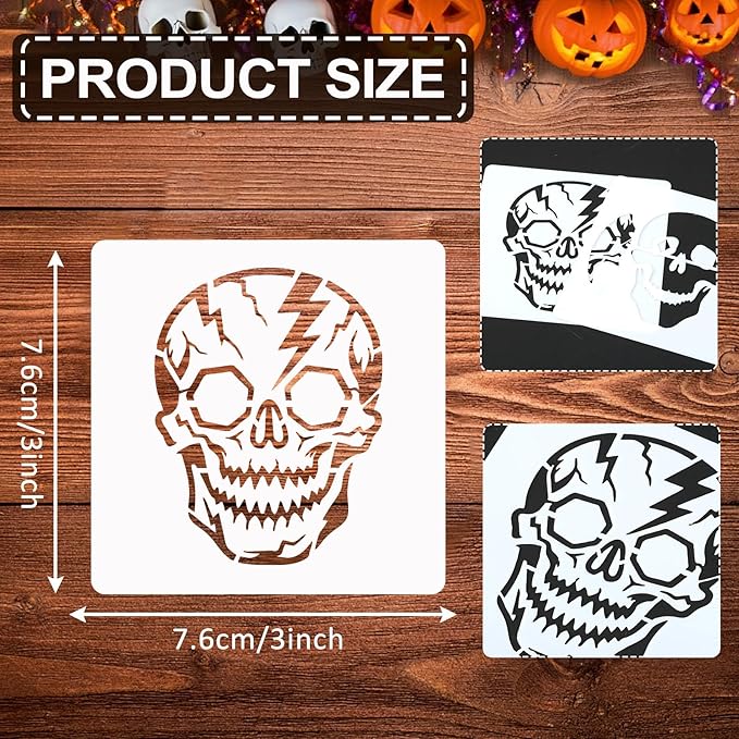 Augshy 56 Pack Skulll Stencils, 3 Inch Reusable Halloween Small Skulls Stencil for Painting on Wood Ornaments Slice DIY Crafts Fabrics Window Halloween Thanksgiving Autumn Decoration