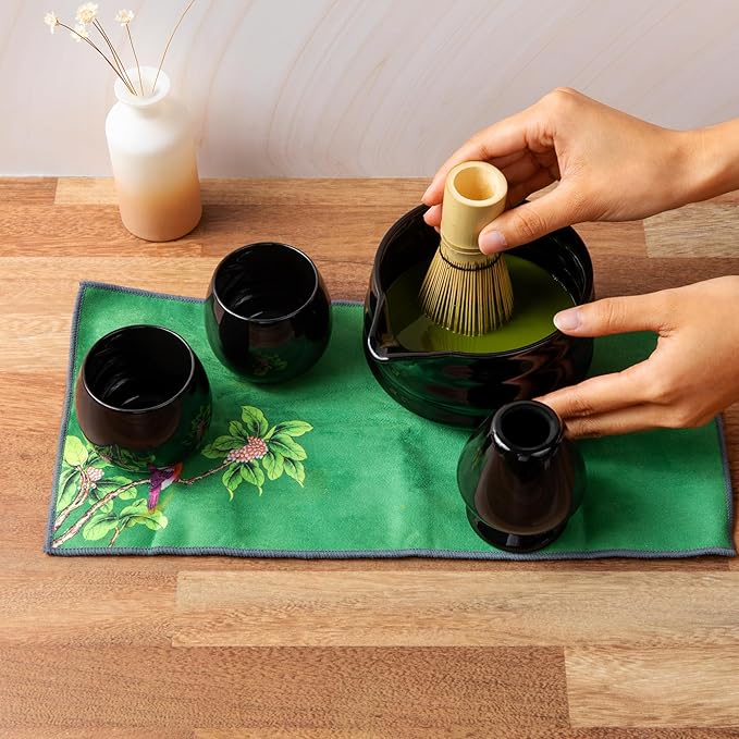 Matcha Whisk Set- Matcha Set includes Matcha Whisk and Bowl (Bowl with Spout), Sifter, Holder and Scoop- The Perfect Bamboo Whisk for Matcha Tea (Black- 7PC)