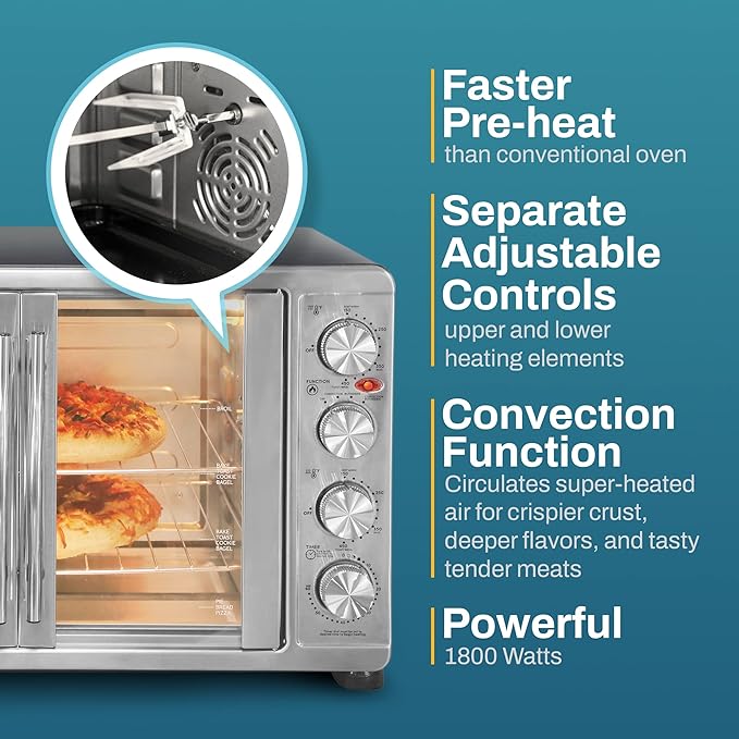 Elite Gourmet ETO4510MX French Door 47.5Qt, 18-Slice Convection Oven 4-Control Knobs, Bake Broil Toast Rotisserie Keep Warm, Includes 2 x 14" Pizza Racks, Stainless Steel