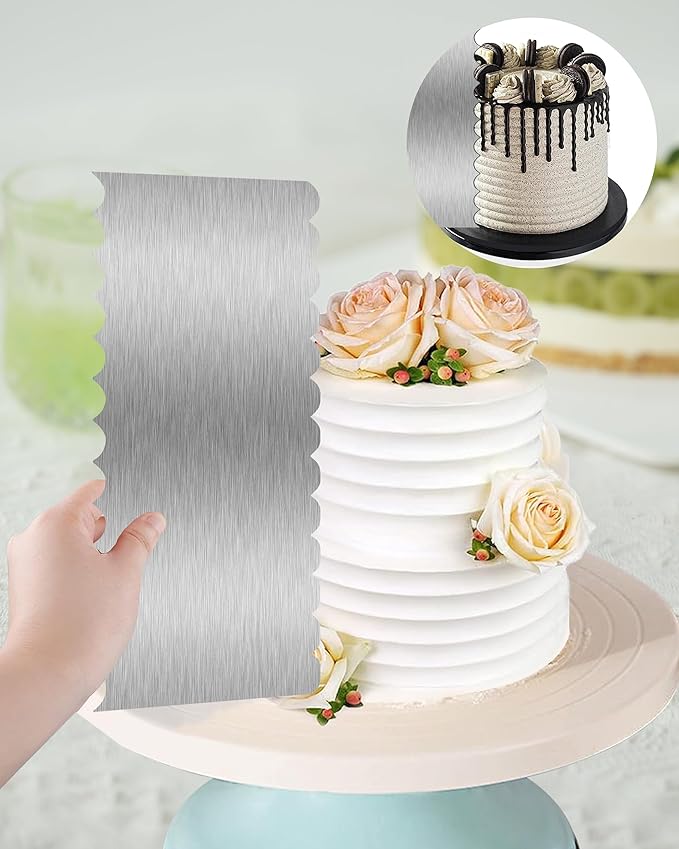 Cake Scraper Smoother Cake Decorating Supplies Kit 8.6 Inch Metal Bench Scraper for Baking Buttercream Smoother Stainless Steel Frosting Cake Comb Edge Side Jagged Comb for Cream Cake-2