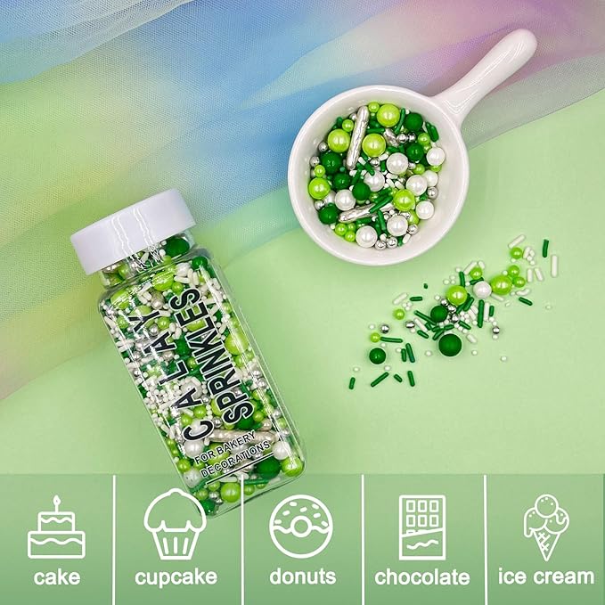 Sprinkles for Cake Decorating, Green and White Pearl Silver Jimmies St. Patrick’s Day Sprinkles Mix for Baking Cookies Cupcake Ice Cream