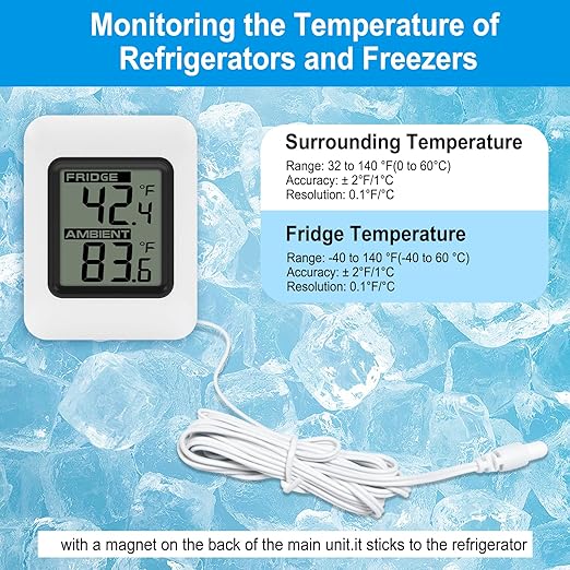 Urageuxy Digital Refrigerator Thermometer with Large LCD, Wired Freezer Room Indoor Outdoor Thermometer with Magnetic Back, Easy to Read