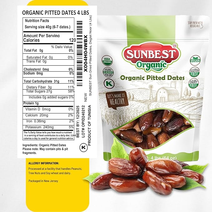 Sunbest Natural Organic Sun-Dried Deglet Noor Dates – 4 lb Bulk Bag (64 oz) – Organic Pitted Dates – Naturally Sweet & Chewy – Non-GMO, Vegan, Kosher, No Sugar Added – Ideal for Snacking & Recipes