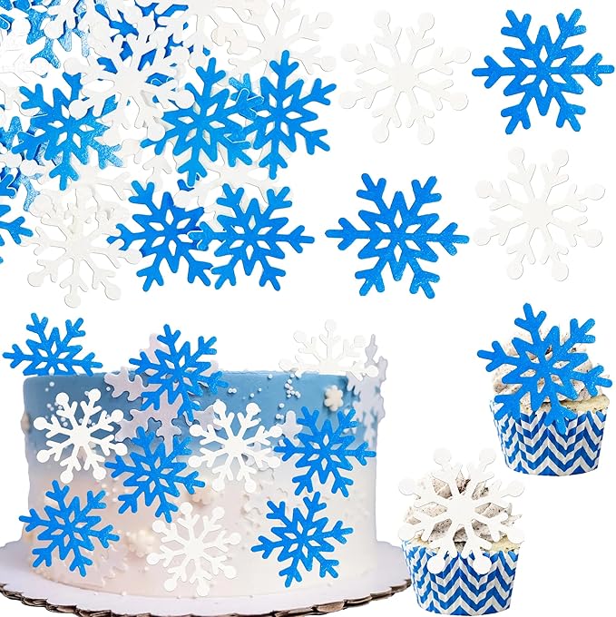 Gyufise 60Pcs Edible Snowflake Cupcake Toppers Winter Cupcake Picks Water Paper Winter Frozen Cake Decorations for Snowflake Theme Baby Shower Kids Birthday Party Supplies Blue White