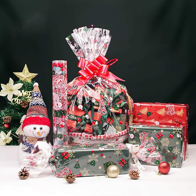 JOYIT 100' Long X 17.5” Wide Christmas Cellophane Wrap Roll - 3 Mil Thicker Cellophane Roll, Crystal Clear Merry Christmas Cellophane for Gift Baskets, Flower Arts Crafts Food Treats Wrapping