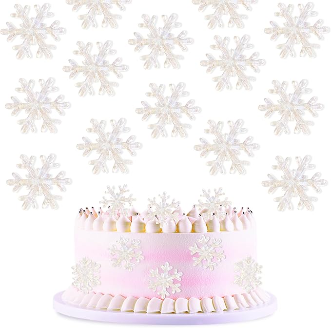 15 Piece White Resin Snowflake Cupcake Toppers Sparkling Winter Frozen Theme Snowflake Cupcake Winter Wonderland Baby Gift Party Children's Birthday Christmas Party Cake Decoration Supplies