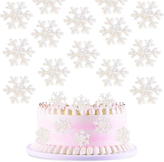 15 Piece White Resin Snowflake Cupcake Toppers Sparkling Winter Frozen Theme Snowflake Cupcake Winter Wonderland Baby Gift Party Children's Birthday Christmas Party Cake Decoration Supplies