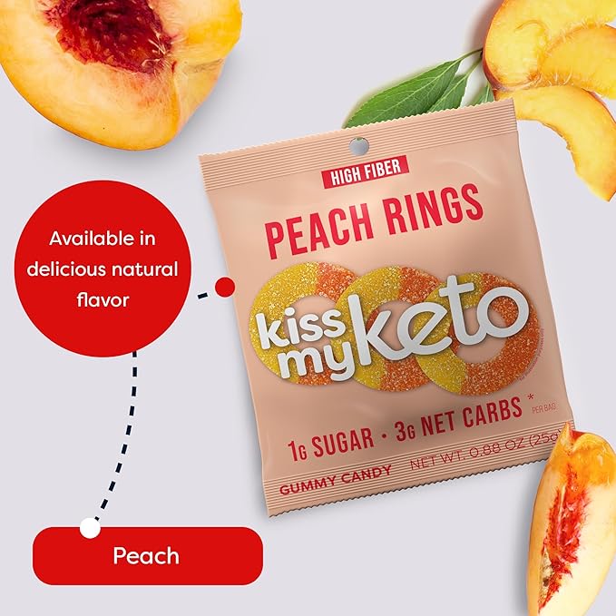 Kiss My Keto Sugar Free Gummies, Peach Rings 8-Pack – Satisfy Cravings while Staying in Ketosis – High Fiber, 3g Net Carbs, Non-GMO, Vegan, & No Gluten – Calorie-Friendly Vegan Candy