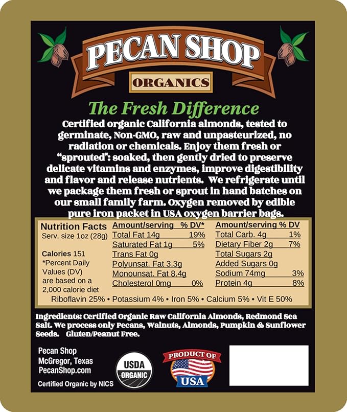 Pecan Shop Sprouted Raw Organic California Almonds 20 lbs - Light Sea Salt Family Recipe Crispy