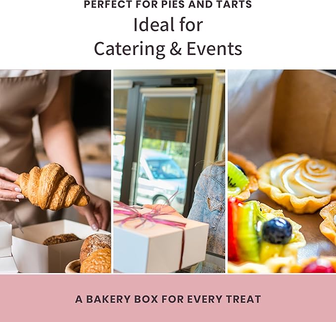 Reversible Bakery Boxes 9 x 9 x 3 in, No Window Lock Corner Pie and Tart Boxes with Front Tuck Lock & Side Clips, Kraft or White Exterior, Microwavable, 100 Pack
