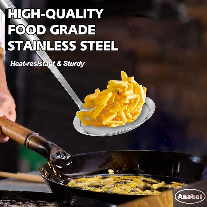 Anaeat 4.7" Stainless Steel Fat Skimmer Spoon - Professional Kitchen Fine Mesh Food Strainer and Hot Pot Skimmer with Long Handle for Skimming, Cooking, Frying, Grease, Gravy and Foam