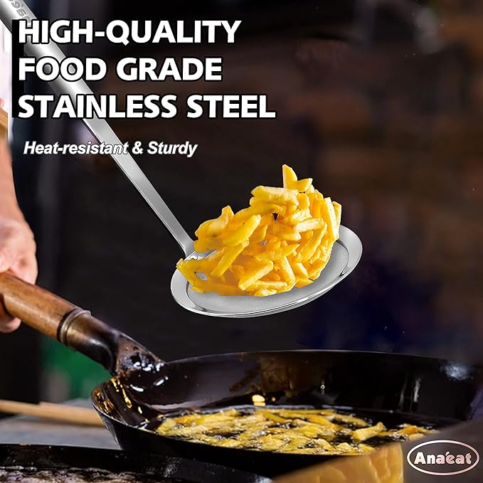 Anaeat 4" Stainless Steel Fat Skimmer Spoon - Professional Kitchen Fine Mesh Food Strainer and Hot Pot Skimmer with Long Handle for Skimming, Cooking, Frying, Grease, Gravy and Foam Diameter