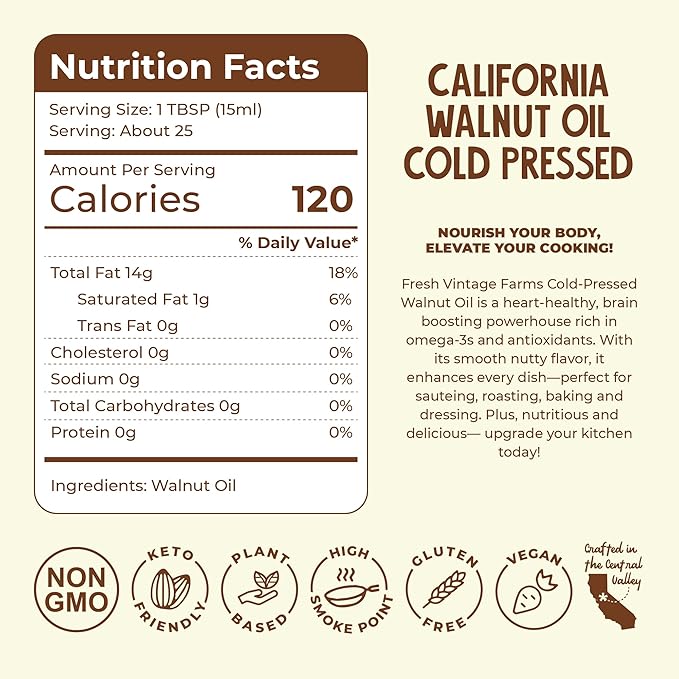 Fresh Vintage Farms 100% Undiluted Cold Pressed Walnut Oil | Wholesome & Nutritious Healthy Cooking Oil for Cooking, Baking, Grilling, Dipping, & Salads | Walnut Oil - 12.68 Fl Oz, Pack of 1