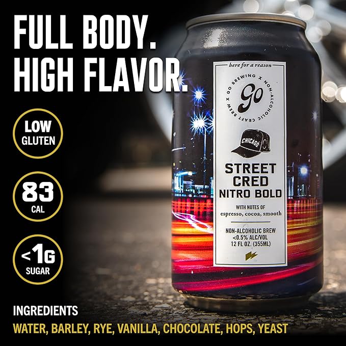 Go Brewing Non-Alcoholic Beer - Small Batch, Low-Calorie Brew - Roasted Malt w/Chocolate & Vanilla Notes- Bold & Smooth Finish Craft Beer - Street Cred After Hours Porter (12 Oz, 12 Cans)