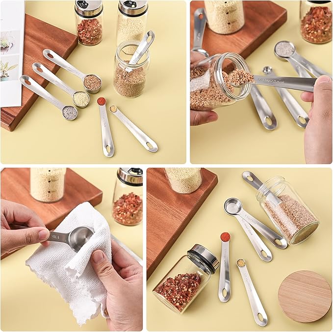 Measuring Spoons Set 6 with Flat Bottom, 18/8 Stainless Steel Measuring Spoons Set for Dry & Liquid, Metric & US Markings Measuring Tools for Kitchen & Baking