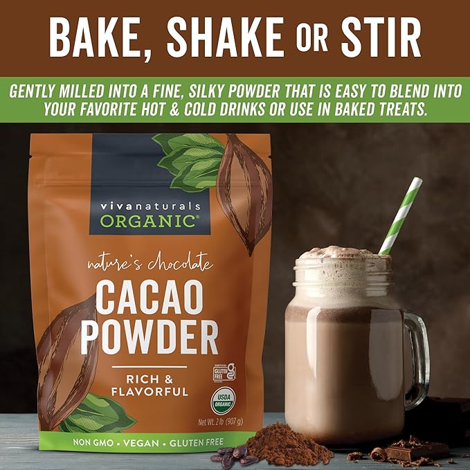 Organic Cacao Powder, Unsweetened, 2 lb (907 g) – Rich Dark Chocolate Flavor, Perfect for Baking, Smoothies & Hot Chocolate – Vegan, Keto, Paleo, Non-GMO & Gluten-Free Cocoa Powder