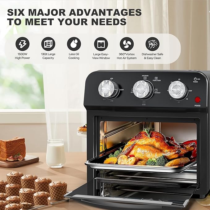 PlumChef 13 Quart 4 Slices Air Fryer Convection Toaster Oven, 1500W, Multifunction Oven for Air Fryer, Gril, Defrost, Bake, Time and Temperature Controls(Black)