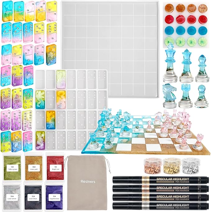 Resiners Chess Molds for Resin Casting, Resin Chess Set Mold for DIY Chess Board Game, Christmas Gifts, Chess Checkers & Chess Board Resin Molds (Checkers & Chess Board & Domino)