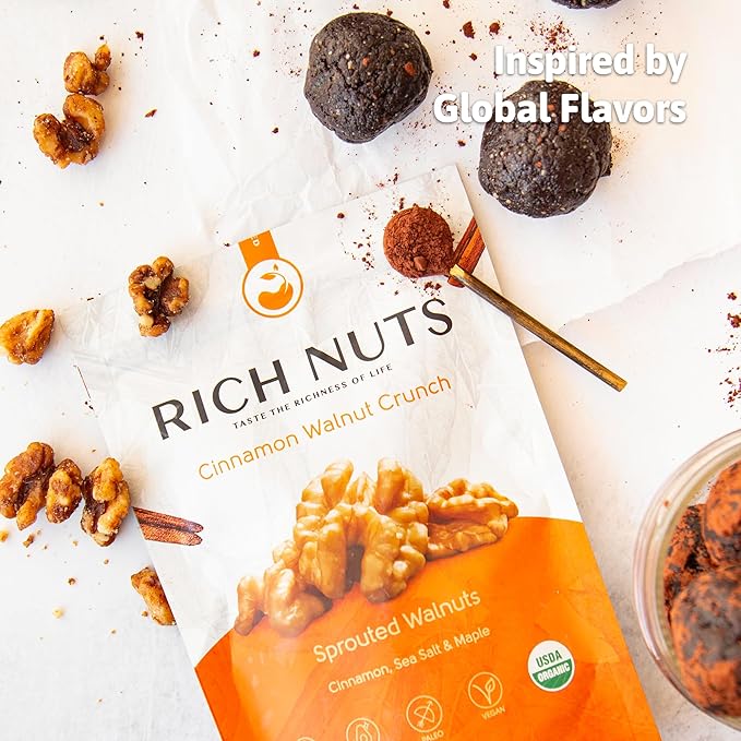 Rich Nuts Cinnamon Walnut Crunch Gourmet Sprouted Walnuts | Vegan, Organic, Paleo, Keto | Cinnamon, Maple Syrup, Maca & Sea Salt | Non-Roasted, Dehyrdated, Germinated, Raw & Whole | 4 Oz Bag (2 Pack)