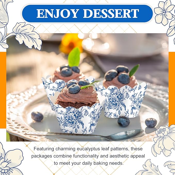Domensi 100 Pcs Blue Floral Cupcake Wrappers Rustic Cupcake Liners Baking Cups Baking Liners for Wedding Bridal Baby Shower Birthday Party Supplies Dessert Decoration, Blue
