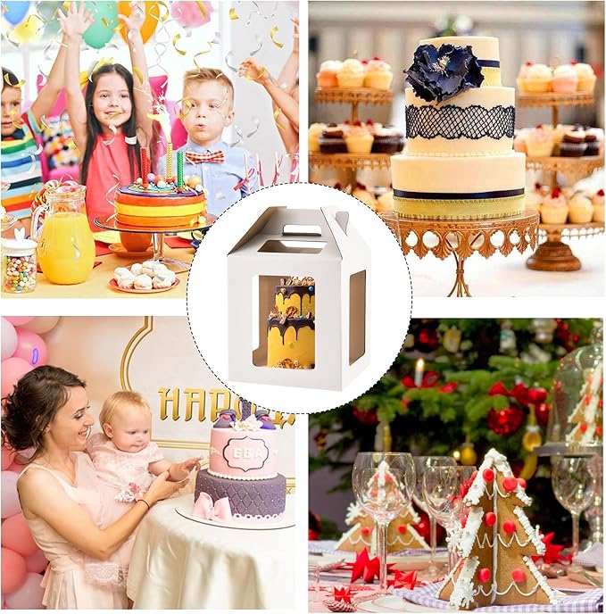 Tall Cake Boxes 6 Windows with handle,12x12x12 Tall Cake Carrier, Tiered Cake Box, Square cake box,largeTake Out Transport Containers Ideal for 10" & 12" Tiered Cakes (1Pack-White)