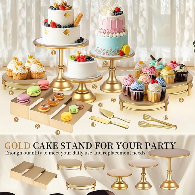 12 PCS Gold Cake Stand Set with Gold Pedestal Cake Stand and Cake Cutter Pie Spatula, Dessert Table Display Set for Wedding, Party, Birthday, Baby Shower, Event Bridal Celebration