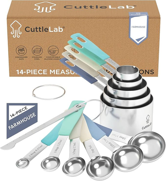 Measuring Cups and Measuring Spoons Set of 14 - Stainless Steel Measuring Cups and Spoons Set, Includes 1/8 Teaspoon Measuring Spoon, 1/8 Cup Measuring Cup, Leveler Dry (14, Farmhouse)