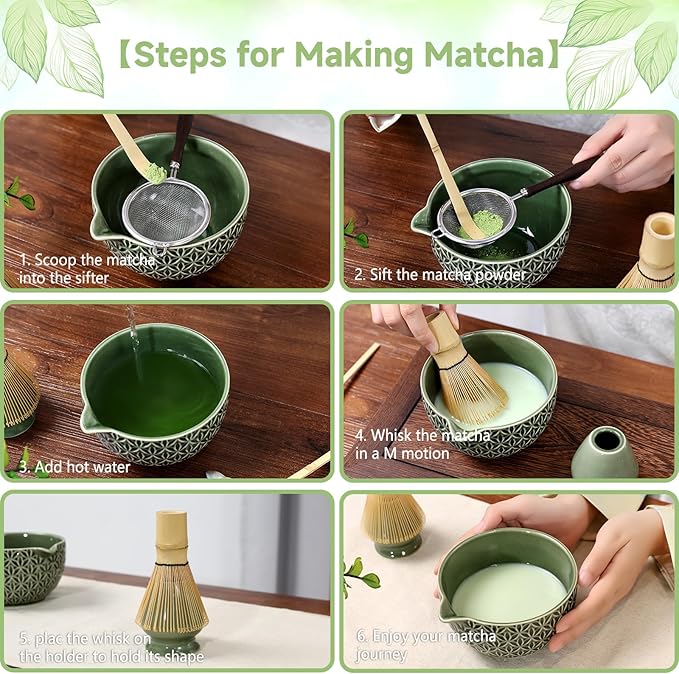7 Pcs Matcha Whisk Set, Ceremony Matcha Kit with Matcha Bowl, Bamboo Whisk and Holder, Scoop and Scoop Rest, Sifter and Tea Towel, Gift for Matcha Lovers (Green/Bamboo Leaf-Patterned)