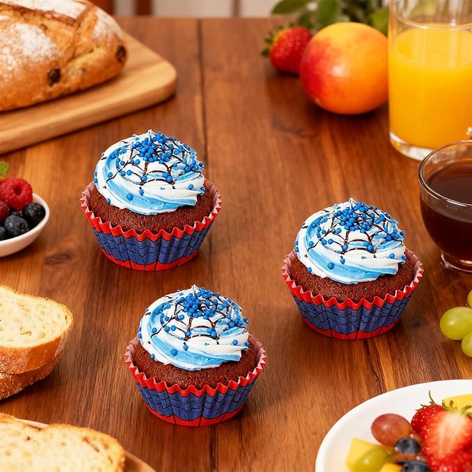 300pcs Spider Web Cupcake Liners, Paper Red & Blue Baking Cups for Muffins Cakes Ice Cream Dessert Spider Themed Party Supplies for Birthday Wedding & Halloween