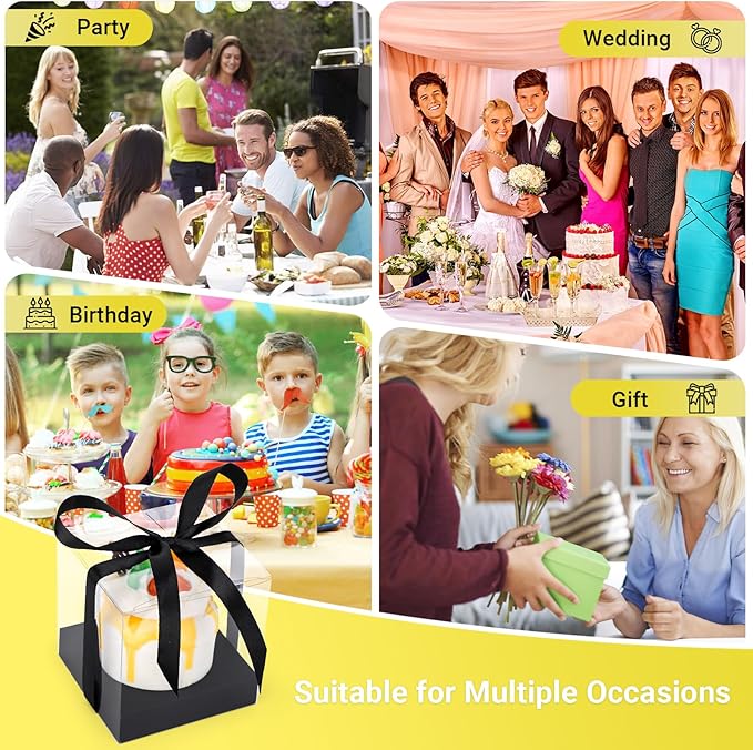 EUSOAR Individual Cupcake Holder, 50pcs 3.5 Inch Plastic Black Cupcake Containers with Lids, Single Transparent Display Clear Cupcake Carrier with Ribbon and Inserts for Wedding Party Favor