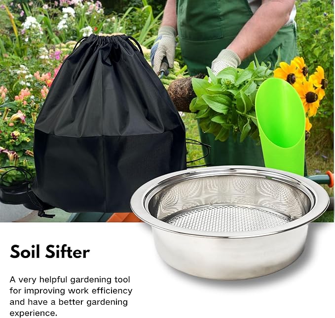 Soil Sifter for Gardening, Stainless Steel Sifting Pan Dirt Sifter, 9.5in Rock Sifter with 5 Sieve Mesh Filter Sizes