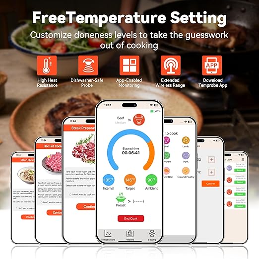 Smart Bluetooth Wireless Meat Thermometer with APP, Wireless BBQ Grill Thermometer for Oven, Smoker, Air Fryer & Kitchen Cooking, Instant Read Digital Probe with Alarm, Long Range & Rechargeable